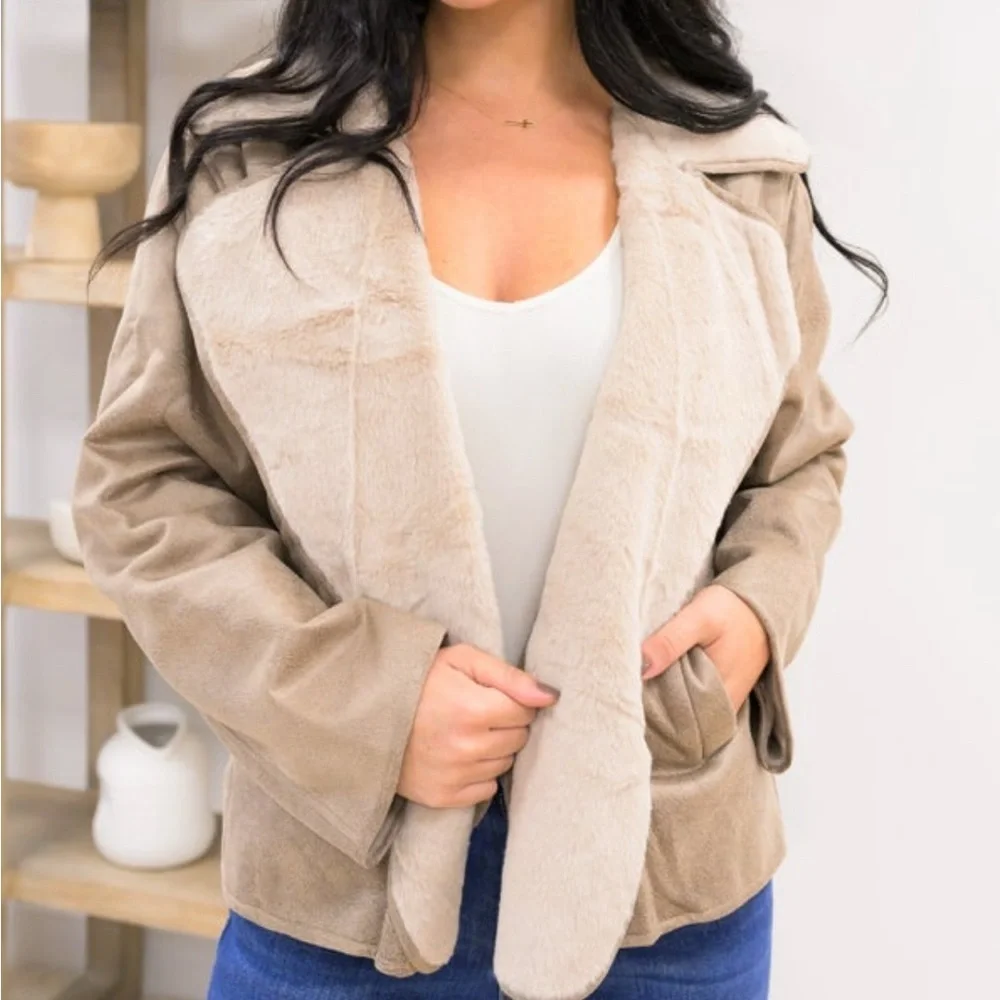 Women's Tan Faux Suede Fur Lined Jacket Brown Cream by Hyfve Size Small NWOT